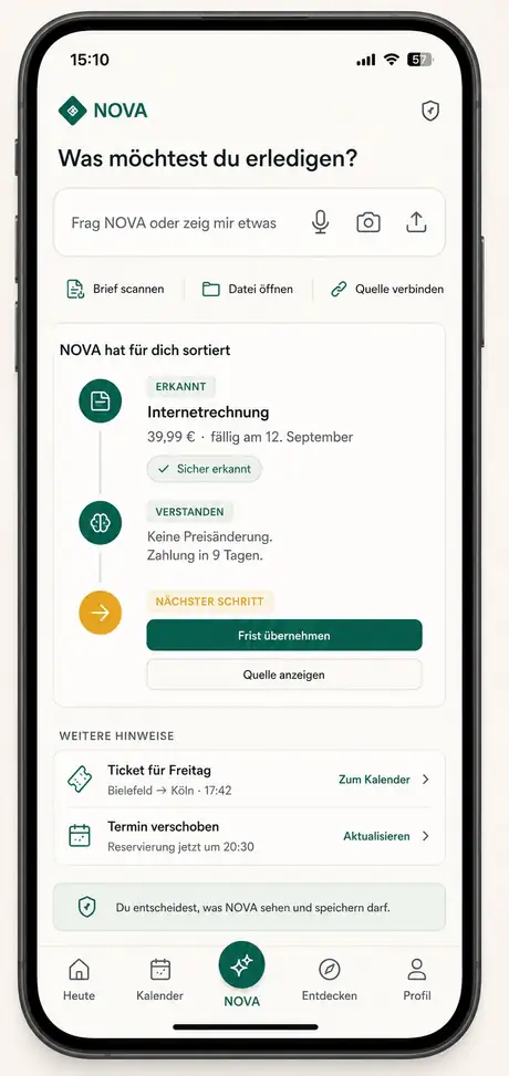 NOVA-Assistent: eine erkannte Rechnung mit Betrag, Fälligkeit und nächstem Schritt.
