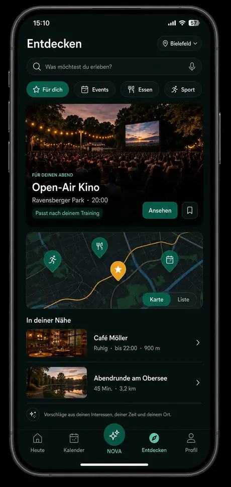 NOVA, Bereich Entdecken: Vorschlag Open-Air-Kino, Karte und Orte in der Nähe.