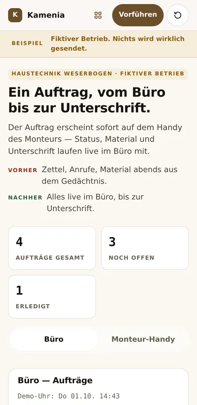 App-Beispiel auf dem Handy: Aufträge gesamt, offen, erledigt, Umschalter Büro und Monteur-Handy.