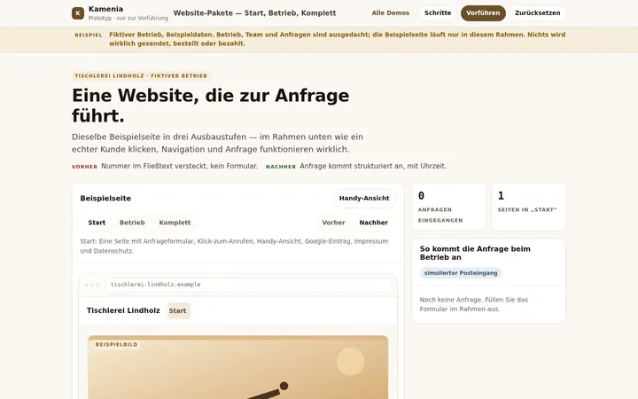 Beispielseite einer erfundenen Tischlerei mit Umschalter Start, Betrieb, Komplett und Anfragezähler.