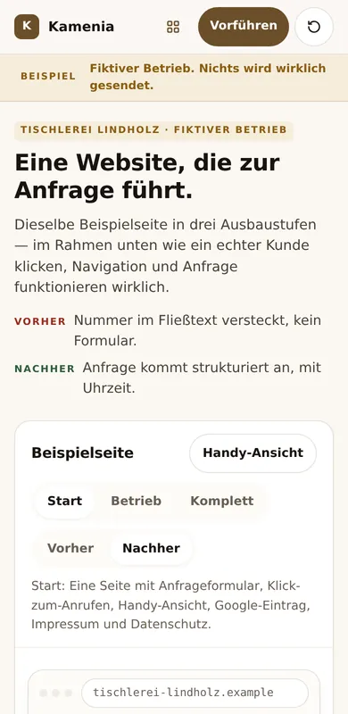 Beispielseite der erfundenen Tischlerei auf dem Handy.