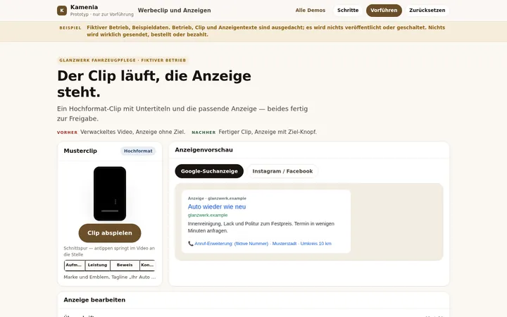 Werbeclip und Anzeigenvorschau für eine erfundene Fahrzeugpflege: Clip im Hochformat, Google-Anzeige daneben.