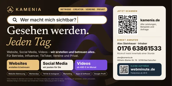 Bandenplakat von Kamenia im Querformat: „Gesehen werden. Jeden Tag.“, drei Leistungsfelder, Telefon und QR-Code.
