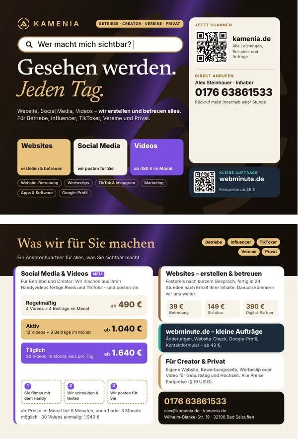 Flyer von Kamenia, Vorder- und Rückseite: Suchleiste „Wer macht mich sichtbar?“, Leistungen, Pakete und QR-Codes.