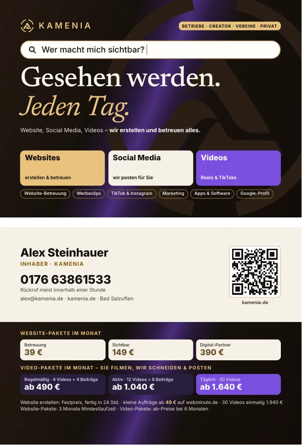 Mini-Flyer von Kamenia im Format A7 mit Paketen auf der Rückseite.
