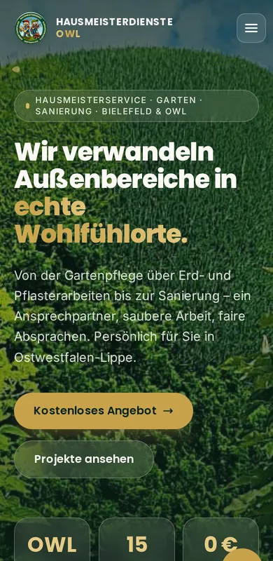 Dieselbe Seite auf dem Handy: Überschrift, Telefonknopf und Angebotsknopf untereinander.