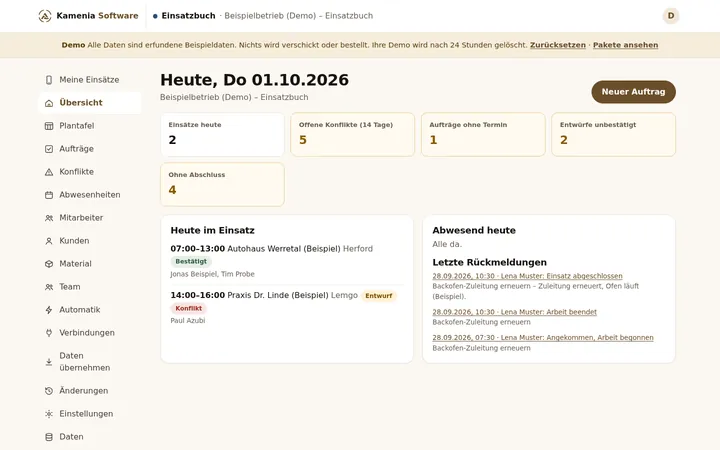 Einsatzbuch: heutige Einsätze, Konflikte, Aufträge ohne Termin und letzte Rückmeldungen der Monteure.