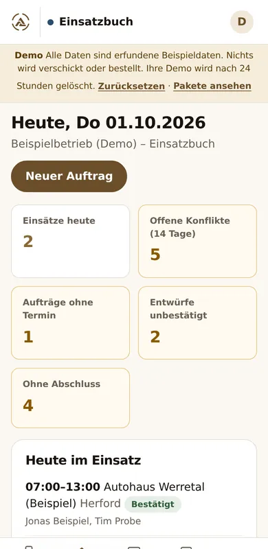 Einsatzbuch auf dem Handy mit Kennzahlen des Tages und dem ersten Einsatz.