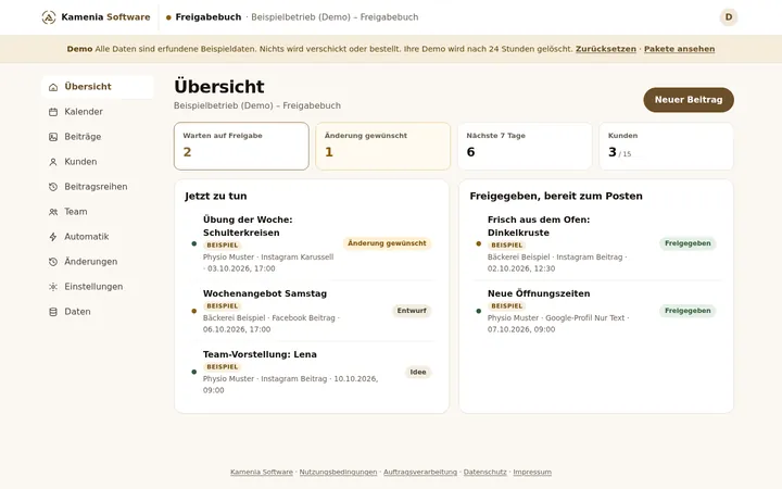 Freigabebuch: Beiträge, die auf Freigabe warten, und freigegebene Beiträge bereit zum Posten.
