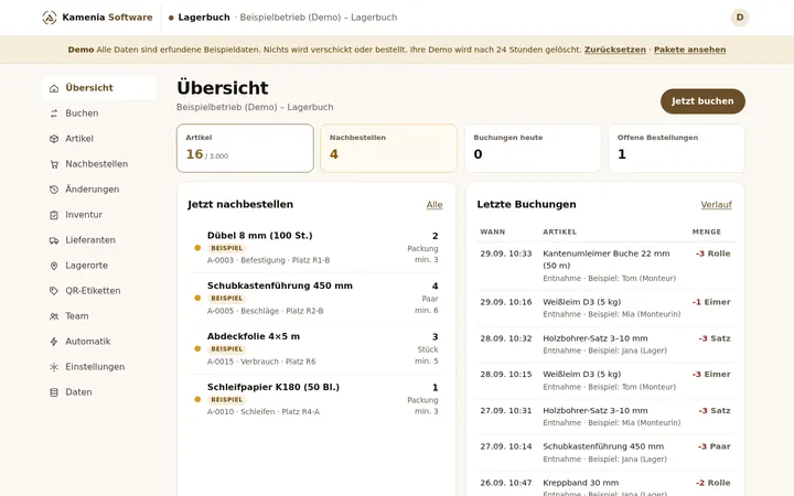 Lagerbuch: Übersicht mit Artikeln, Nachbestellen-Liste und letzten Buchungen, alle Daten als Beispiel markiert.
