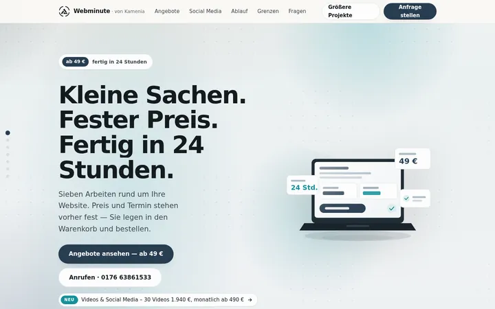 Startseite von webminute.de am Computer: „Kleine Sachen. Fester Preis. Fertig in 24 Stunden.“ mit gezeichnetem Laptop.